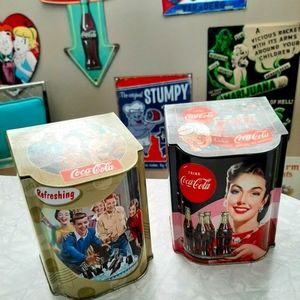 Set of 2 metal storage cans containers with vintage style images art